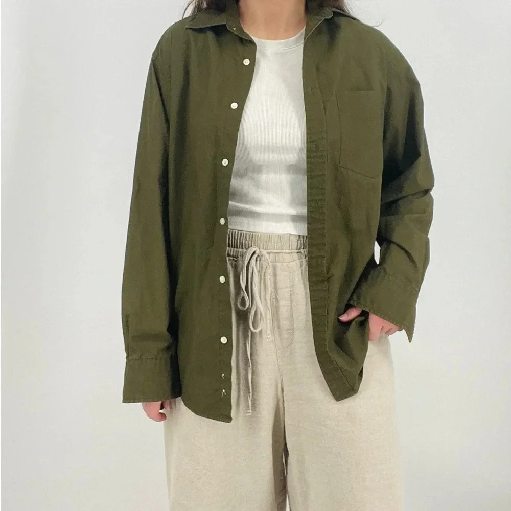 j. crew lush olive green oversized 100% cotton button down shirt size xs - Picture 6 of 7